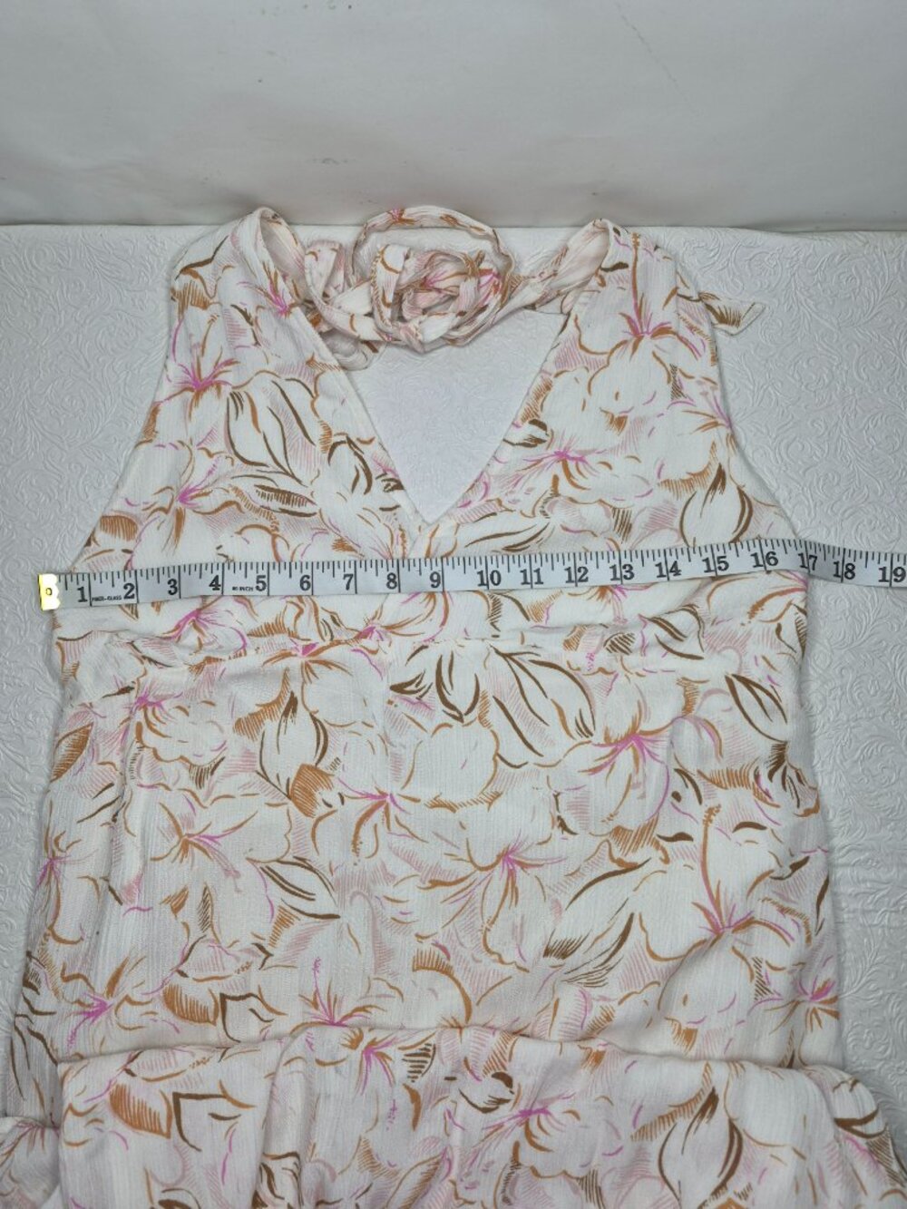 O'Neill Floral Womens L Lined Backless V-Neck Maxi Halter Dress Ivory Pink Brown - Picture 13 of 15